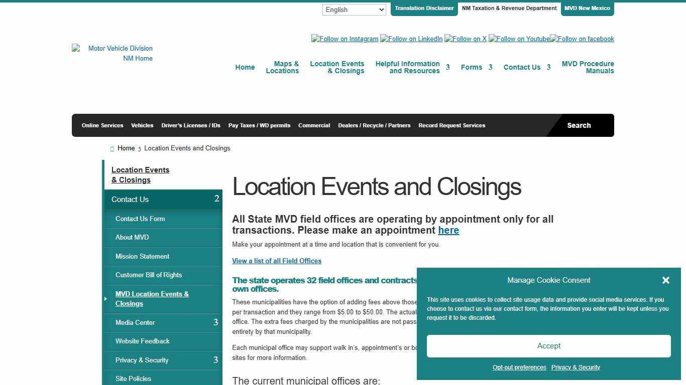 Location Events and Closings Motor Vehicle Division NM